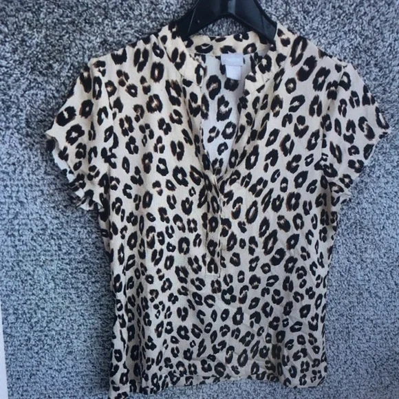 Leopard Print V-Neck Short Sleeve Top - Beige - Picture 8 of 8